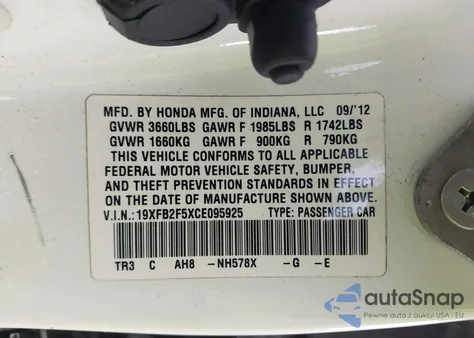 2012 Honda Civic Lx из США, поврежденный, VIN 19XFB2F5XCE095925